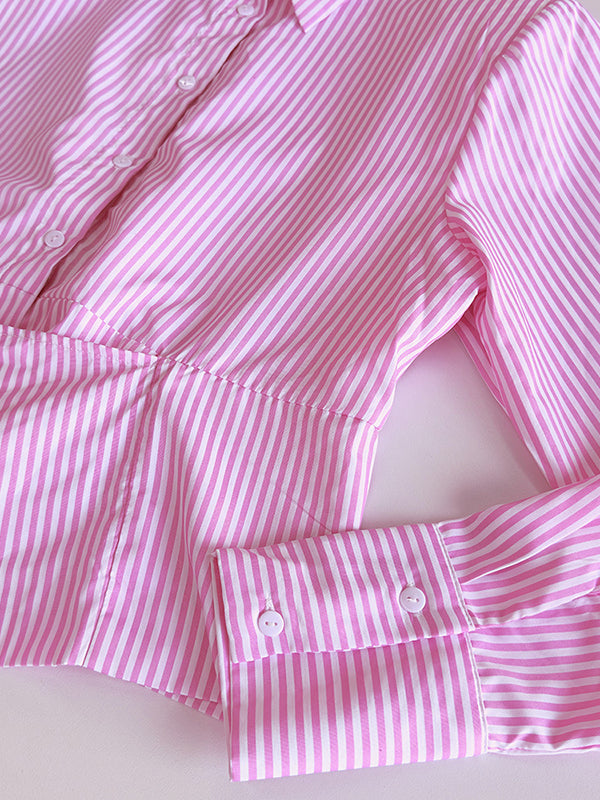 Asymmetric Split-Joint Striped Long Sleeves Loose Lapel Blouses