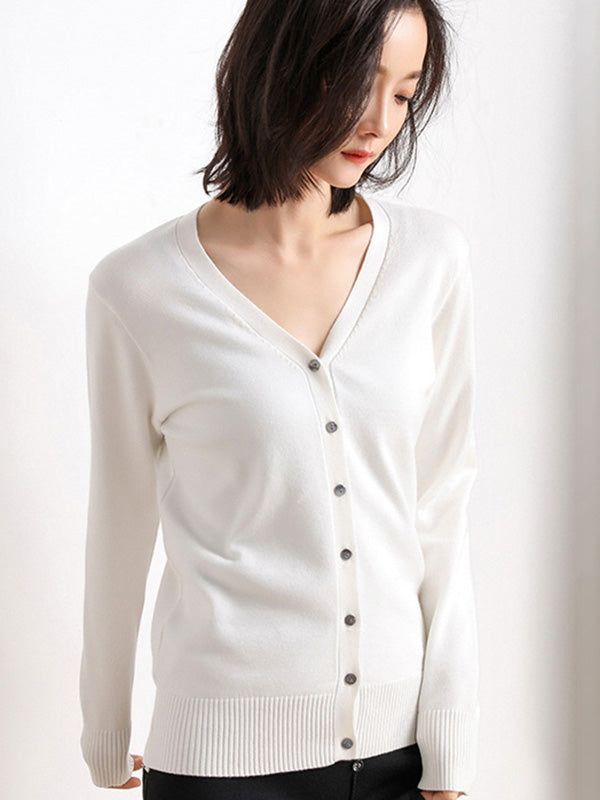 Stylish Simple 12 Colors V-Neck Single-Breasted Long Sleeve Knitwear