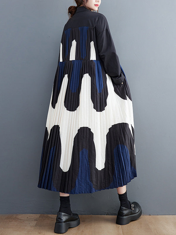 Contrast Color Pleated Printing Split-Joint A-Line Long Sleeves Polo Midi Dresses
