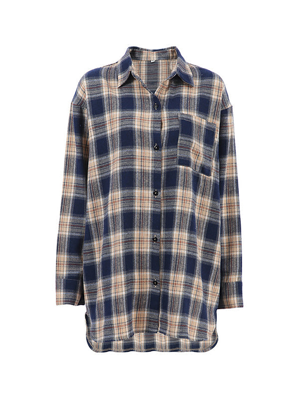 Plaid Split-Joint Long Sleeves Loose Lapel Blouses