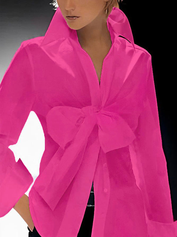 Long Sleeves Bow-Embellished Buttoned Solid Color Lapel Blouses&Shirts Tops