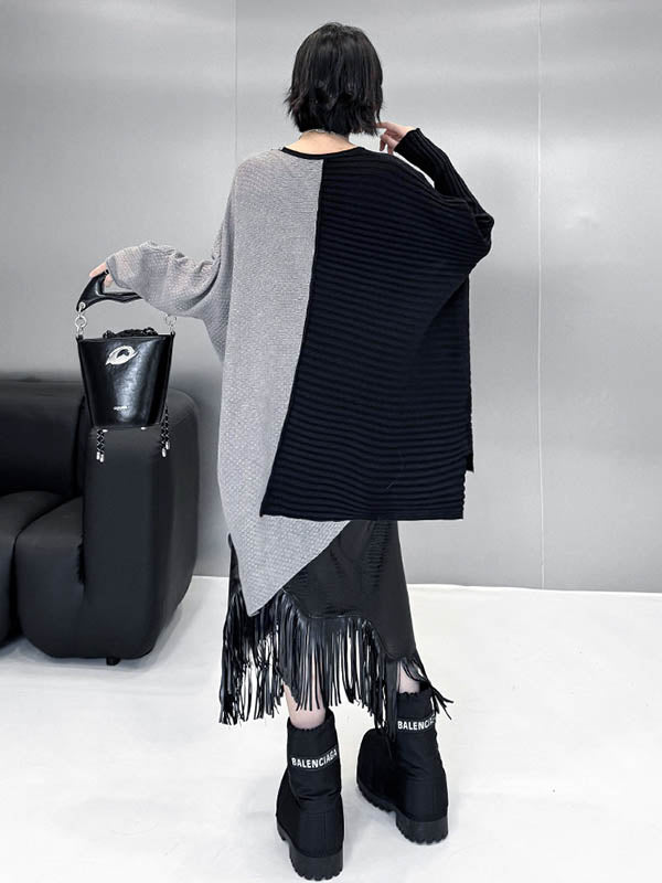 Asymmetric Contrast Color Split-Joint Textured Batwing Sleeves Irregularity V-Neck Sweater Tops