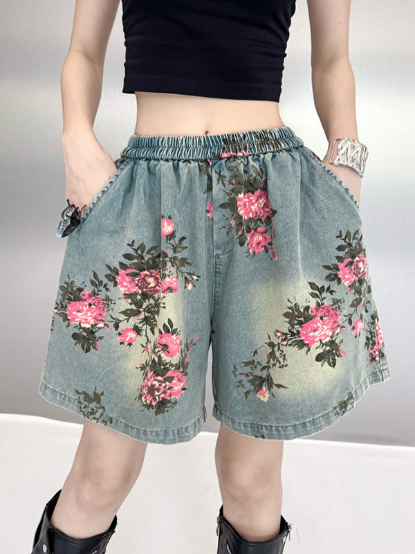 Elasticity Floral Printed Split-Joint Loose Wide Leg Shorts Bottoms