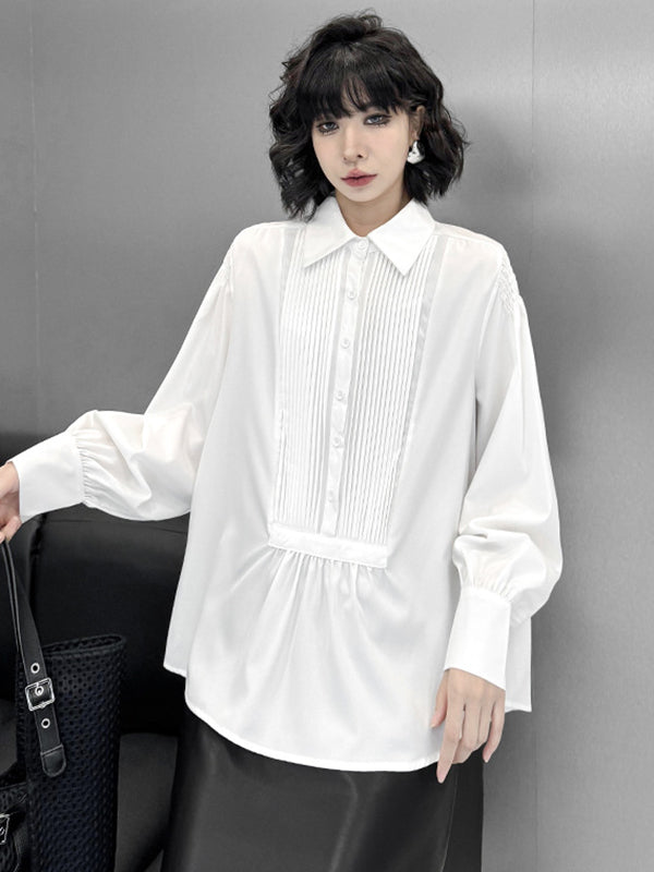 Buttoned Pleated Solid Color Long Sleeves Loose Polo Blouses&Shirts Tops