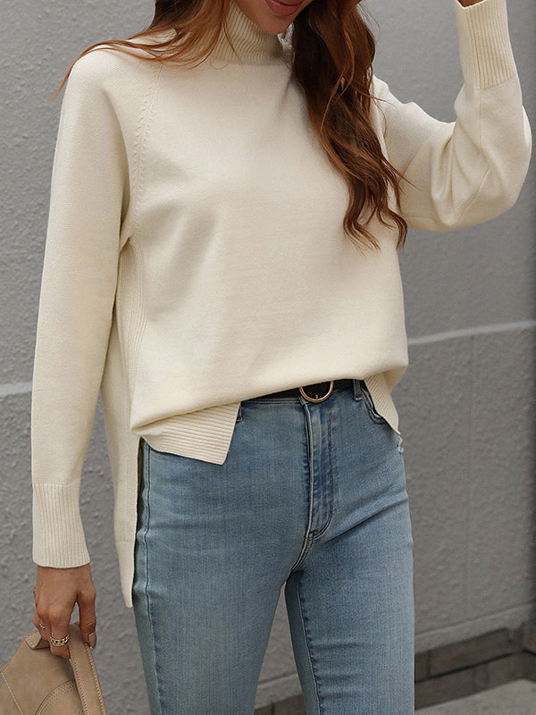 Solid Color Split-Side High-Low Long Sleeves High Neck Sweater Tops Pullovers