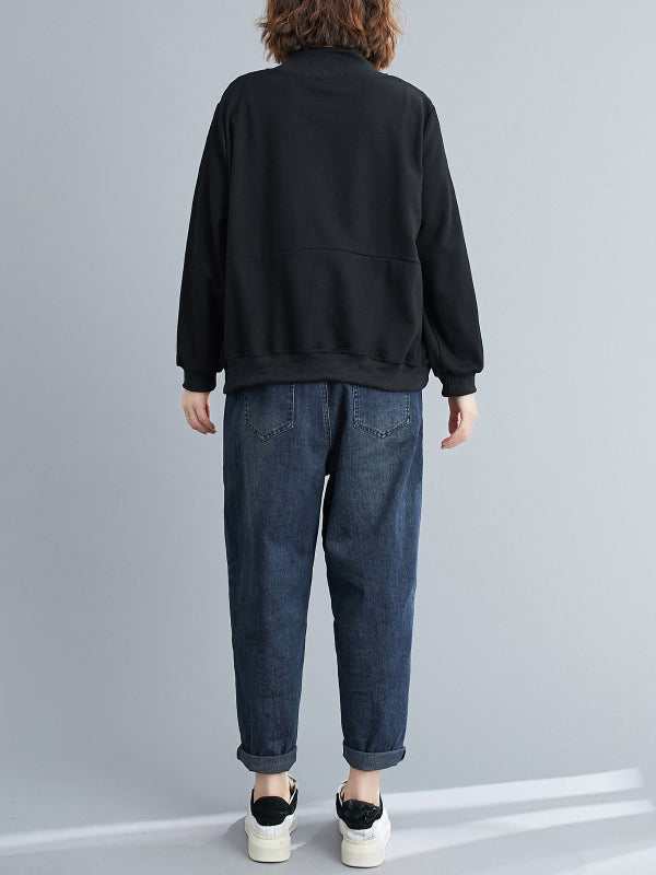 Simple Long Sleeves Loose Split-Joint Solid Color High-Neck Sweatshirt Tops