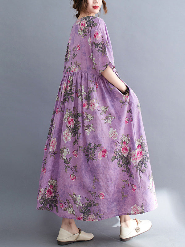 Artistic Retro Loose Pleated Printed Midi Dress