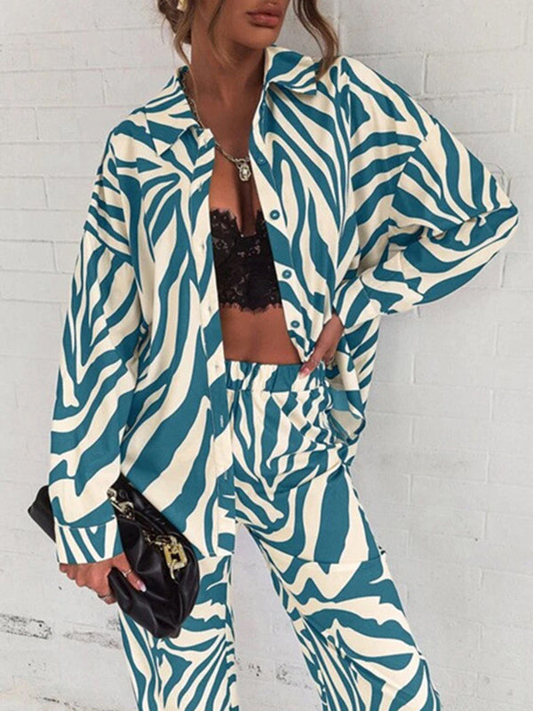 Plus Size Zebra-Stripe  Buttoned Lapel Long Sleeves Blouses Top + Elasticity Pants Bottom Two Pieces Set