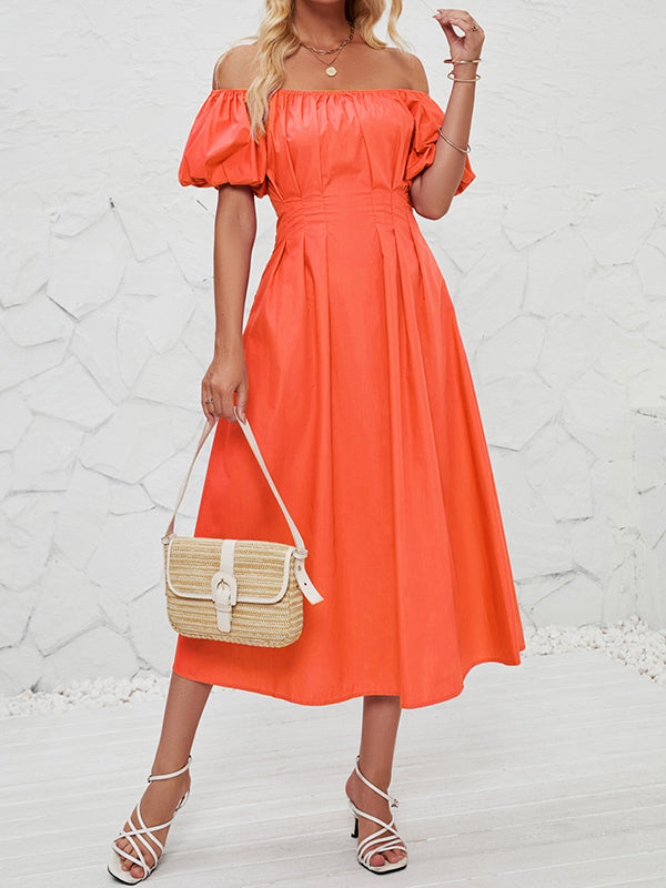 Elasticity Pleated Solid Color Split-Joint Loose Puff Sleeves Off-The-Shoulder Midi Dresses