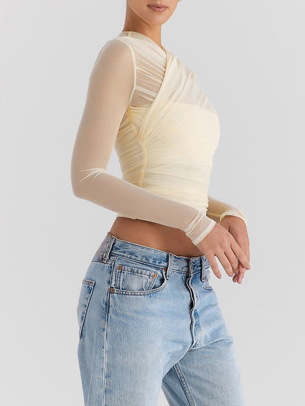Gauze Pleated See-Through Solid Color Long Sleeves Skinny V-Neck T-Shirts