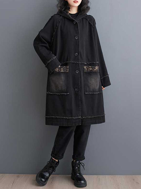Floral Printed Fringed Split-Joint Loose Raglan Sleeve Hooded Trench Coats Outerwear