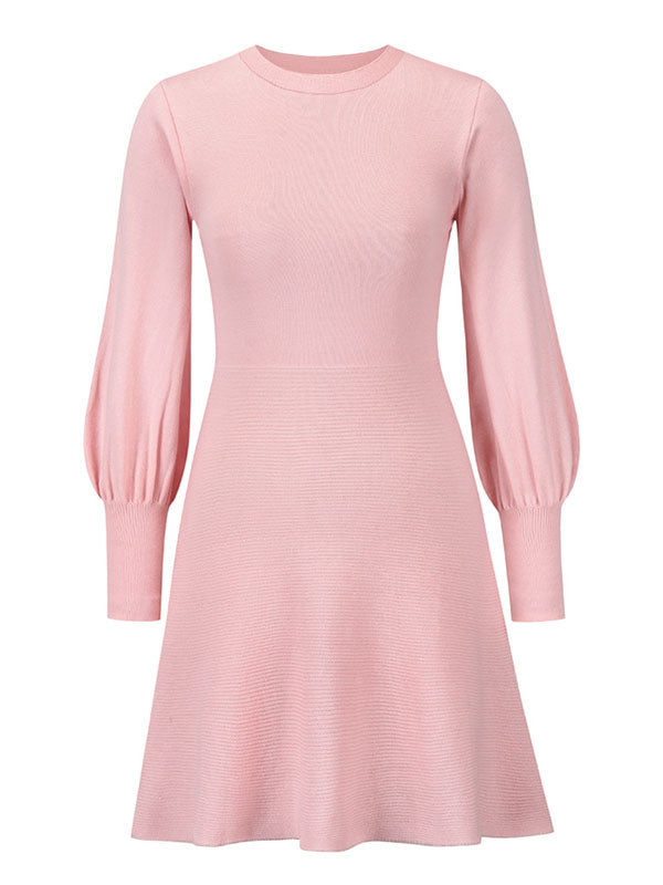 Solid Color Puff Sleeves Wrap Round-Neck Sweater Dress