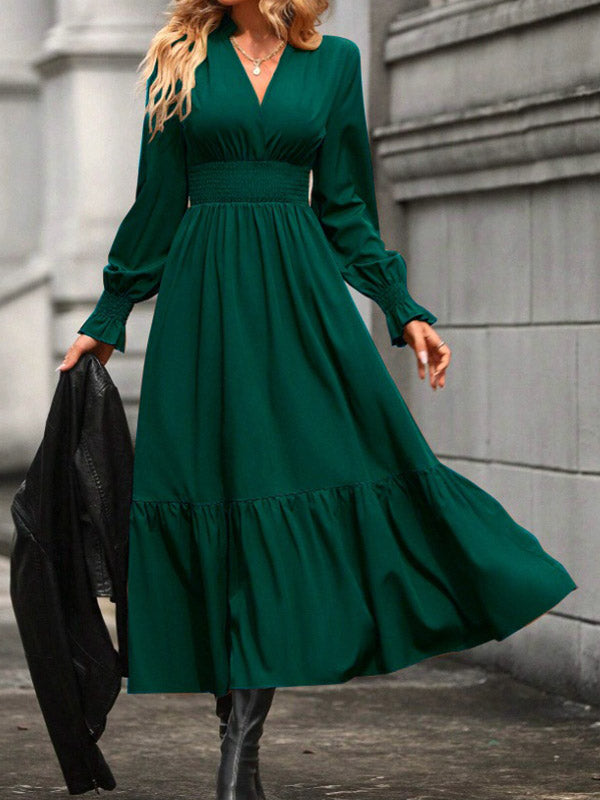 Elasticity Pleated Solid Color A-Line Flared Sleeves V-Neck Midi Dresses