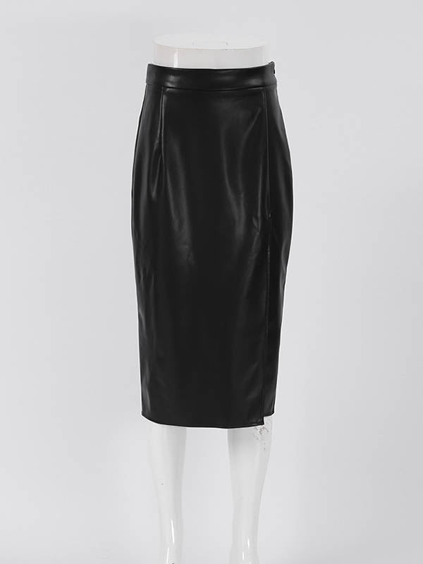 Solid Color Split-Front Zipper High Waisted Skirts Bottoms