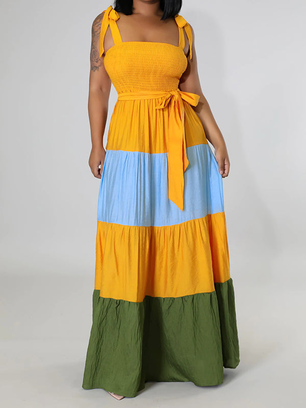Contrast Color Ribbed Loose Sleeveless Collarless Maxi Dresses