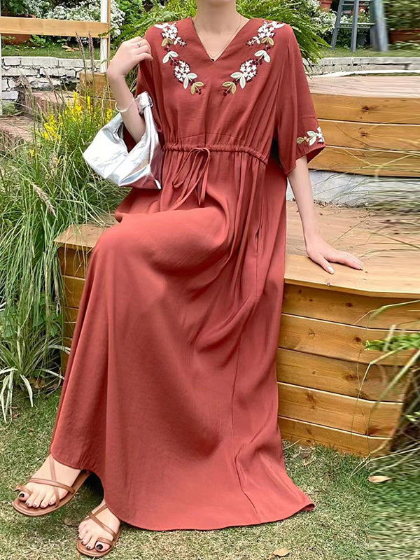 Drawstring Embroidered Split-Joint Half Sleeves Loose V-Neck Maxi Dresses