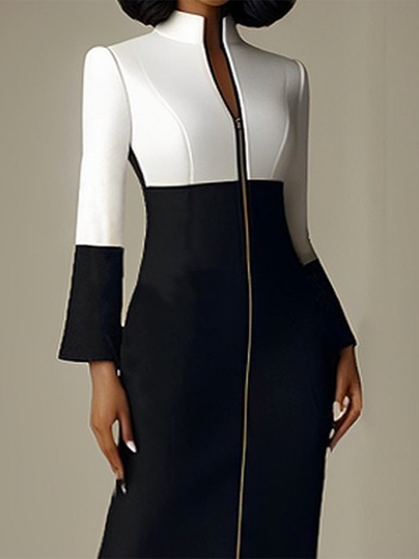Contrast Color Split-Joint Zipper Long Sleeves Stand Collar Midi Dresses