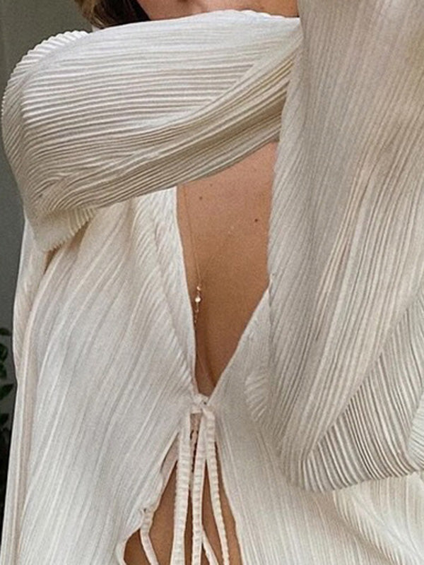 Lace-Up Pleated Solid Color Split-Joint Long Sleeves Loose Deep V-Neck Blouses&Shirts Tops
