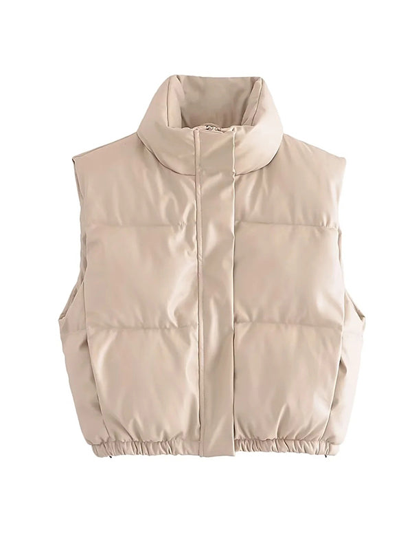 Drawstring Elasticity Solid Color Split-Joint Zipper Skinny Sleeveless Stand Collar Padded Vest