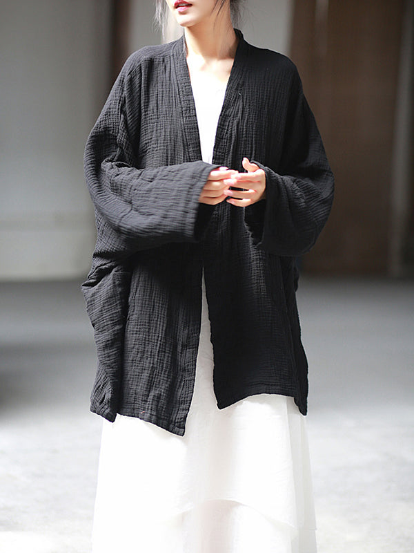 Pleated Solid Color Split-Joint Batwing Sleeves Loose Cover-Ups Tops
