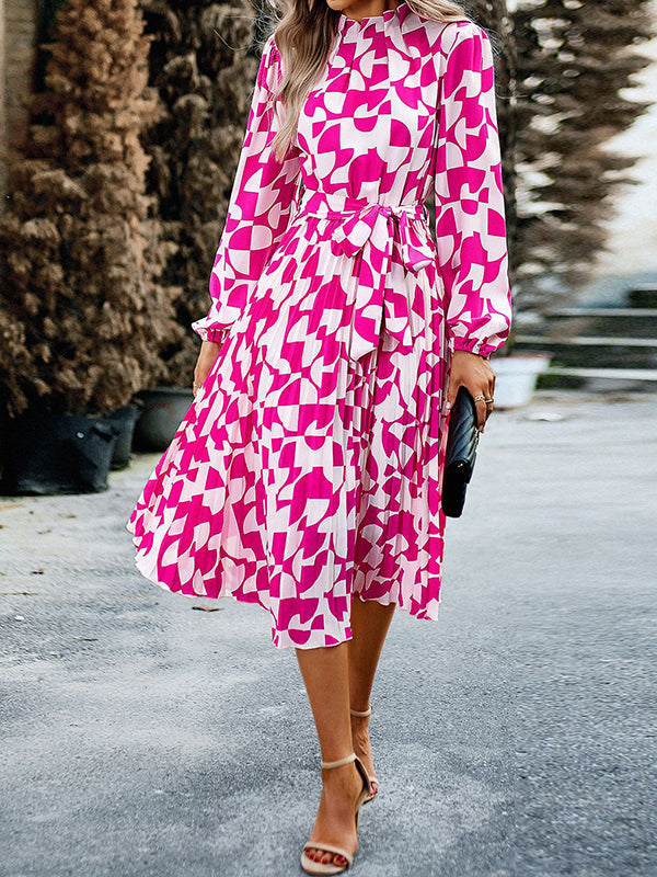 Pleated Printed Tied Waist Long Sleeves Loose Mock Neck Midi Dresses