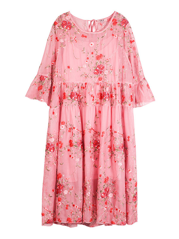Original Artistic Retro Loose Lace Embroidered Pleated Midi Dress