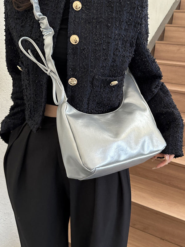 Geometric Pleated Solid Color Zipper Shoulder Bags Handbags