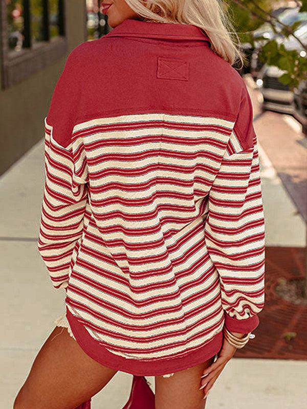 Buttoned Contrast Color Split-Joint Striped Long Sleeves Loose V-neck Sweatshirt Tops