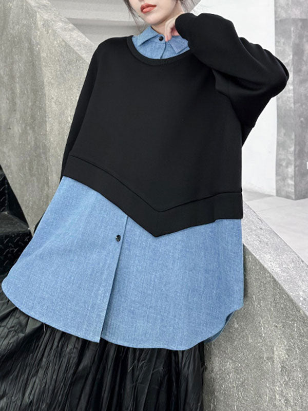 Asymmetric Buttoned Contrast Color Split-Joint False Two Long Sleeves Lapel Sweatshirt Tops