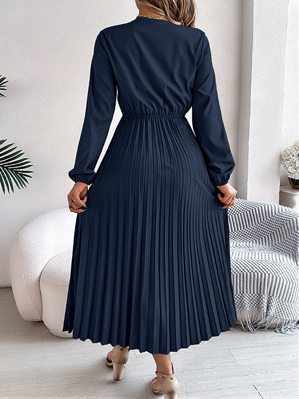 Pleated Solid Color Elasticated Waist High Waisted V-neck Midi Dresses