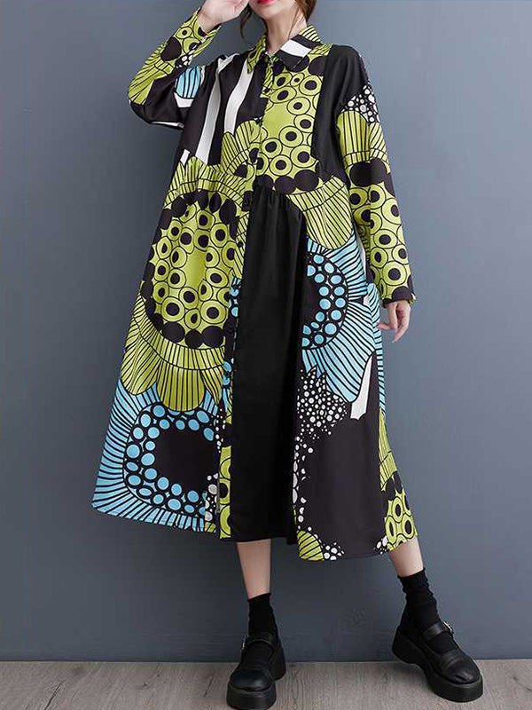 Asymmetric Buttoned Printed Split-Joint A-Line Long Sleeves Lapel Shirt Dress Midi Dresses