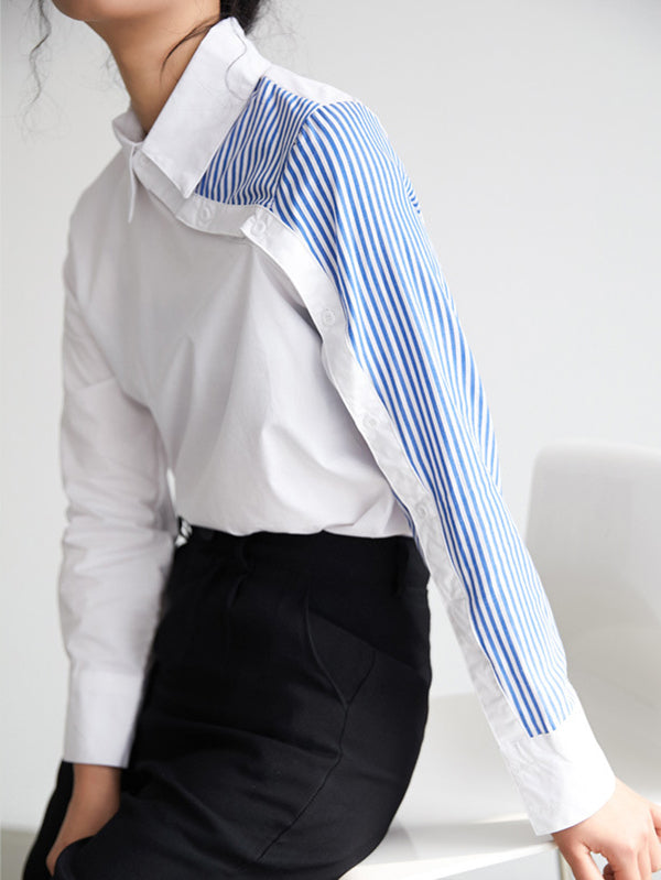 Long Sleeves Irregularity Striped Solid Contrast Color Lapel Collar Blouses