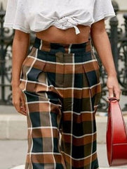 High Waisted Wide Leg Plaid Split-Joint Pants Trousers