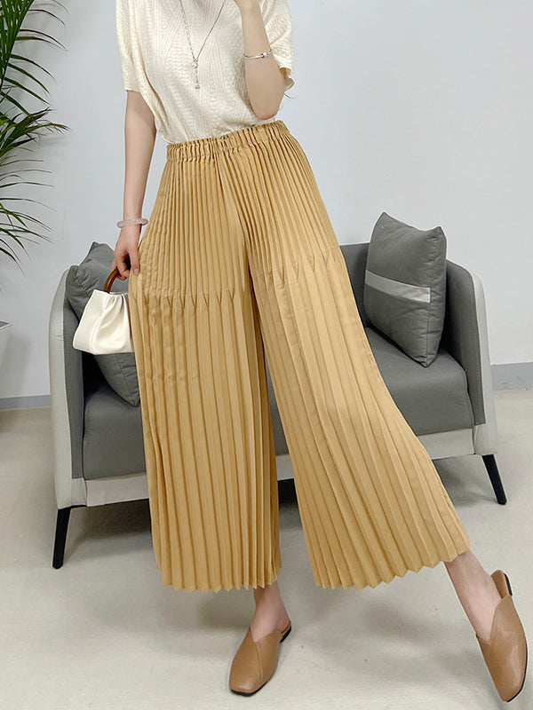 Elasticity Pleated Solid Color Split-Joint High Waisted Loose Trousers Pants