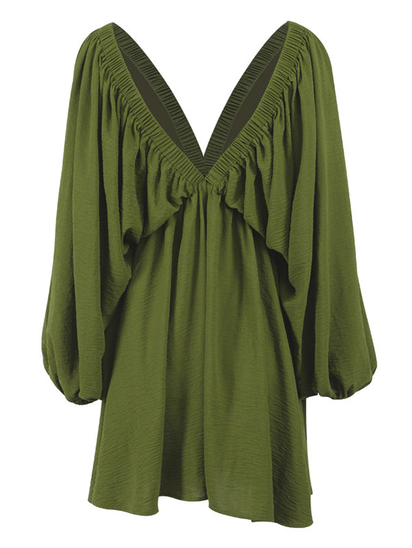 Elasticity Solid Color V-back Long Sleeves Loose Deep V-Neck Mini Dresses