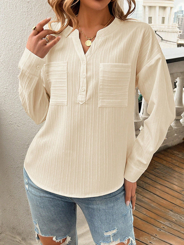 Buttoned Pockets Solid Color Long Sleeves Loose V-Neck Blouses&Shirts Tops