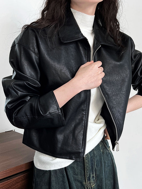 Solid Color Zipper Long Sleeves Loose Lapel Collar Outerwear Jackets&Coats