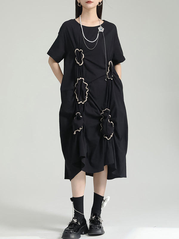 Pleated Pockets Split-Joint A-line High Waisted Round-neck Midi Dresses