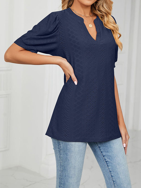 Hollow Solid Color Bishop Sleeve Loose V-neck T-Shirts Tops