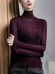 Mesh See-Through Slightly Sheer Split-Joint Long Sleeves Plus Size High Neck T-Shirts