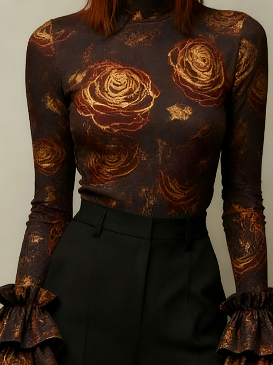 Flower Print Flared Sleeves Long Sleeves High Neck Blouses&shirts Tops