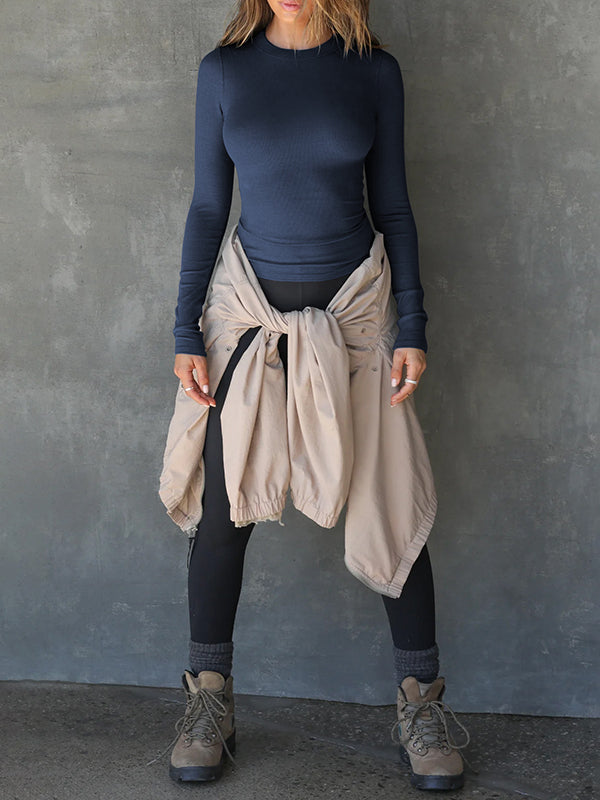 Solid Color Split-Joint Long Sleeves Skinny Round-Neck T-Shirts