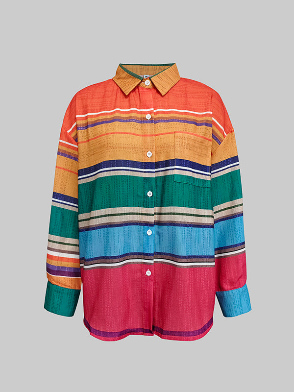 Long Sleeves Loose Buttoned Contrast Color Lapel Blouses&Shirts Tops