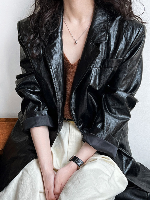Buttoned Pockets Solid Color Long Sleeves Loose Notched Collar Outerwear