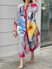 Long Sleeves Loose Asymmetric Printed Striped Lapel Collar Midi Dresses