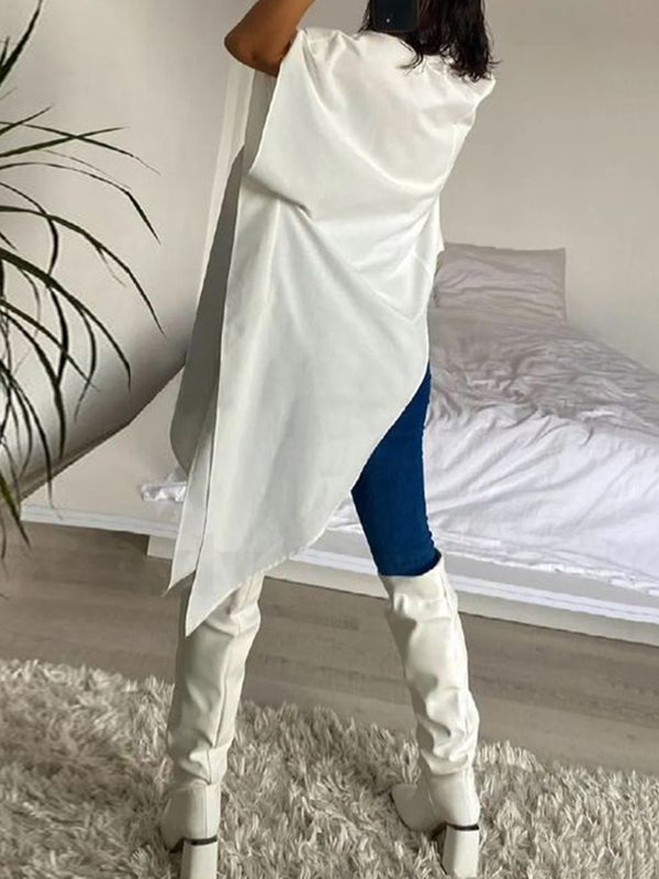 Asymmetric Buttoned Solid Color Half Sleeves Loose Mock Neck Blouses&Shirts Tops