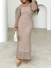 Contrast Color Striped Tied High Waisted Long Sleeves Round-Neck Sweater Dresses Midi Dresses