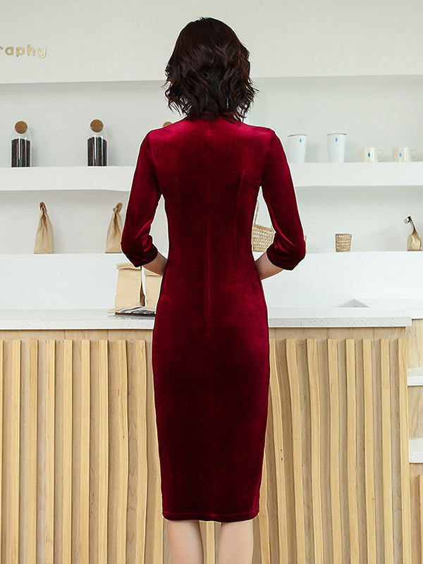 Solid Color Velvet Banquet Split-Side Long Cheongsams