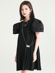 Urban Puff Sleeves Split-Joint Black Pleated Mini Dress