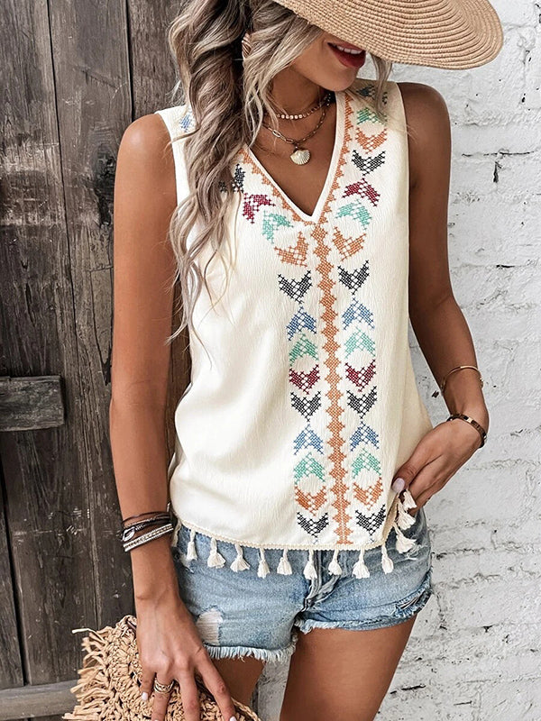 Embroidered Tasseled Loose Sleeveless V-Neck Vest Top
